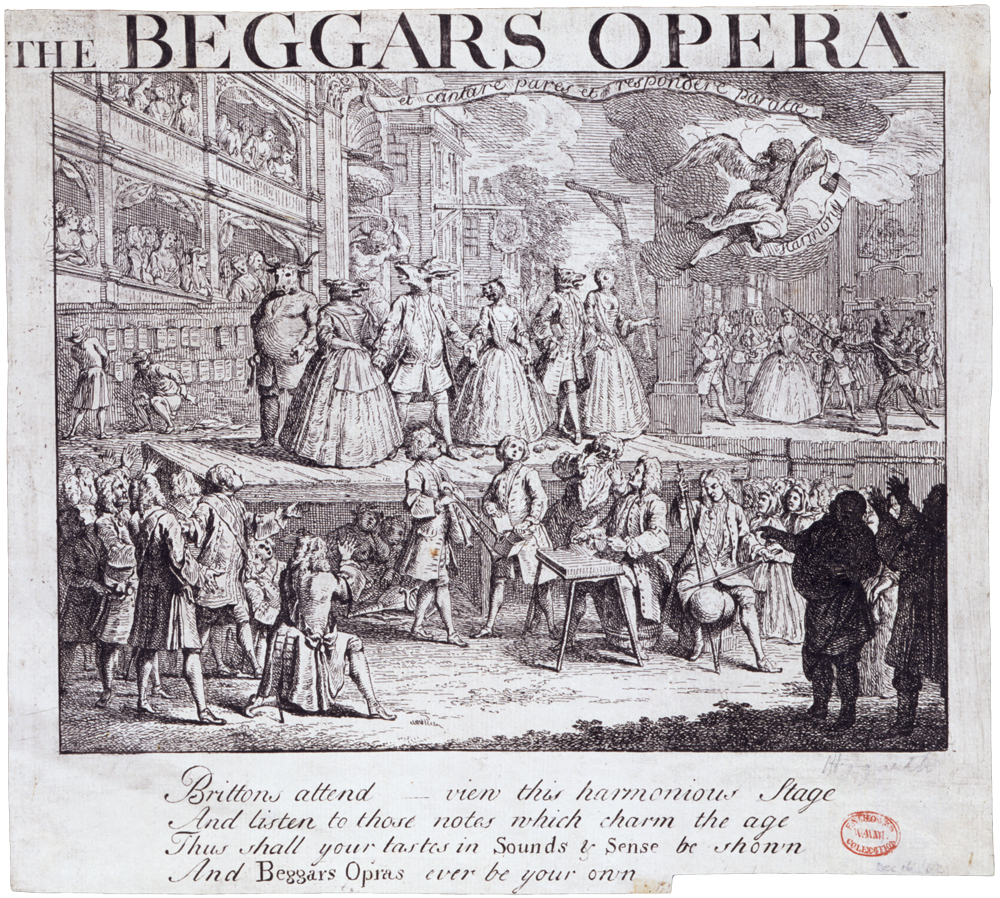 The Beggar’s Opera opnår ikke blot enorm succes med sine satiriske stikpiller til den italienske opera, men bliver også selv genstand for parodier; her er en teatertrup trukket i dyremaskerne under åben himmel. Tegning af William Hogarth fra 1728. 